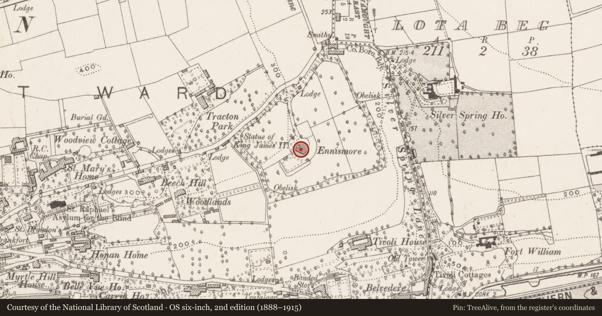 Ordnance Survey six-inch map, 2nd edition (1888–1915) covering the location of Country house, Ballinamought East, County Cork, with a pin at the register's coordinates