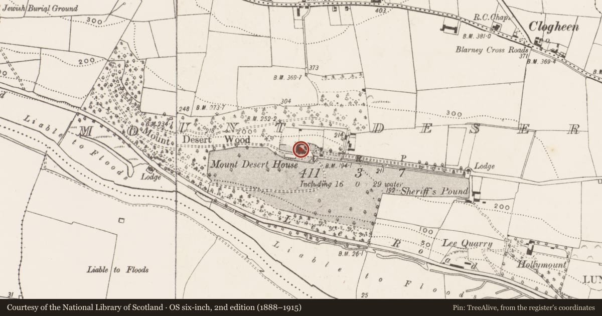 Ordnance Survey six-inch map, 2nd edition (1888–1915) covering the location of Country house, Mountdesert, County Cork, with a pin at the register's coordinates