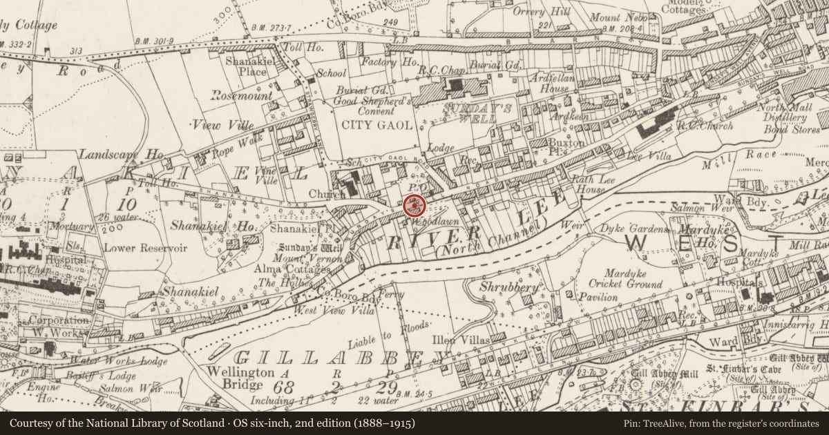 Ordnance Survey six-inch map, 2nd edition (1888–1915) covering the location of Country house, Carrignaveagh, County Cork, with a pin at the register's coordinates