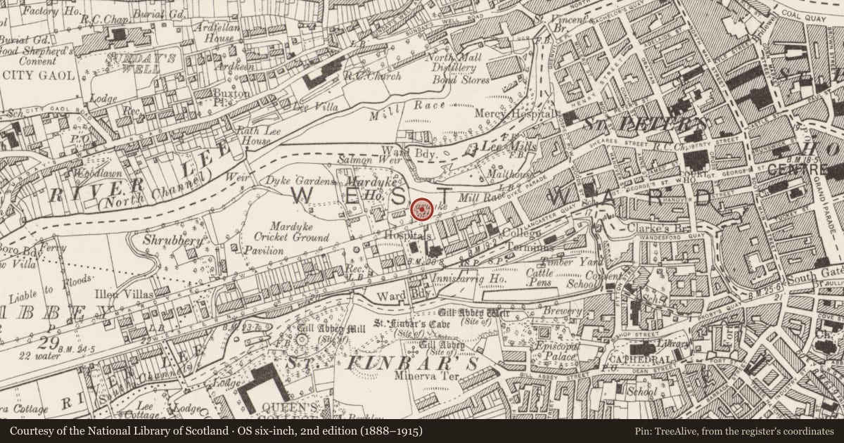 Ordnance Survey six-inch map, 2nd edition (1888–1915) covering the location of Country house, Cork City, County Cork, with a pin at the register's coordinates