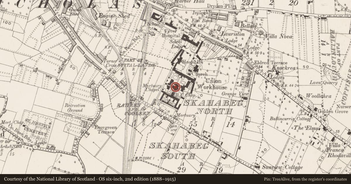 Ordnance Survey six-inch map, 2nd edition (1888–1915) covering the location of Workhouse, Skahabeg North, County Cork, with a pin at the register's coordinates