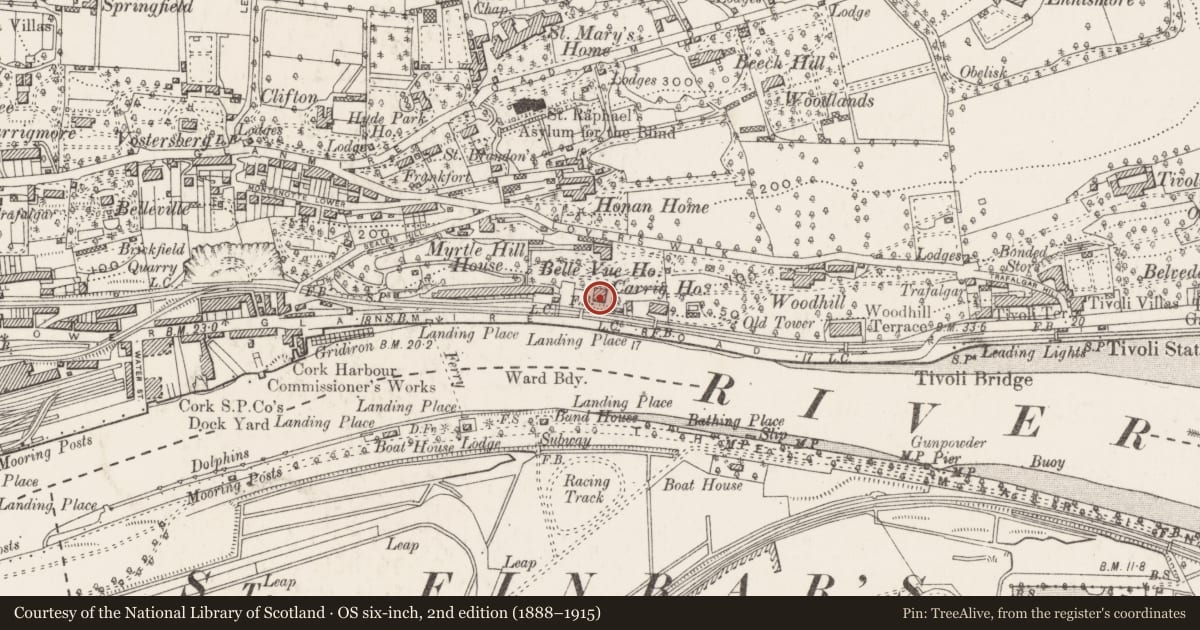 Ordnance Survey six-inch map, 2nd edition (1888–1915) covering the location of Country house, Ballinamought West/Montenotte, County Cork, with a pin at the register's coordinates