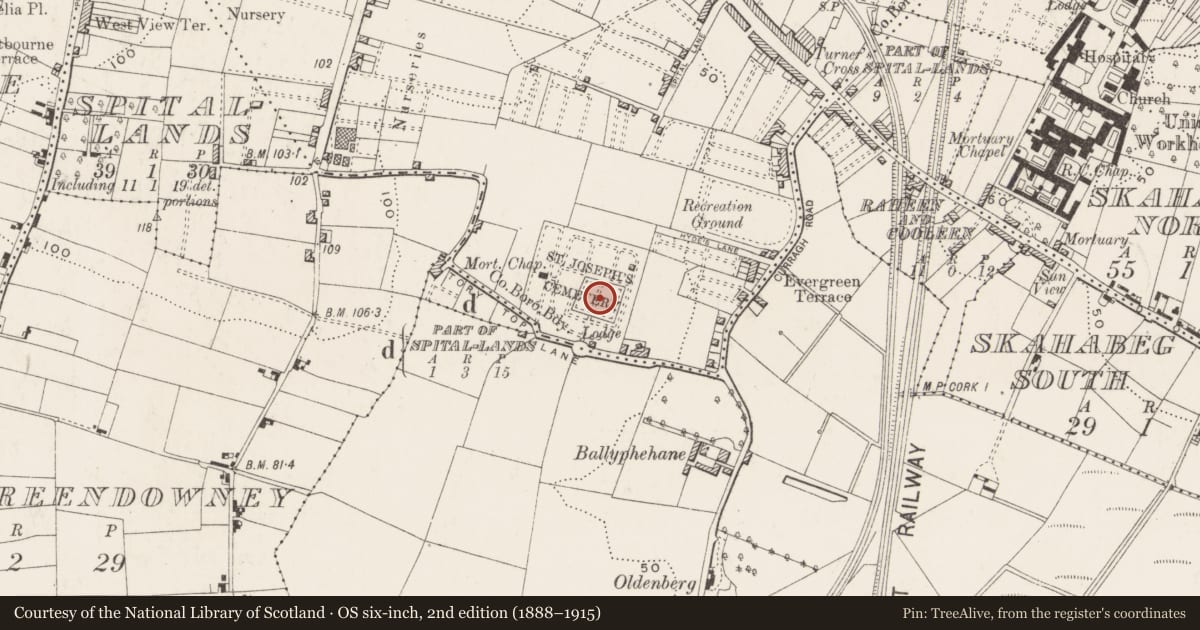 Ordnance Survey six-inch map, 2nd edition (1888–1915) covering the location of Graveyard, Spittal-Lands, County Cork, with a pin at the register's coordinates