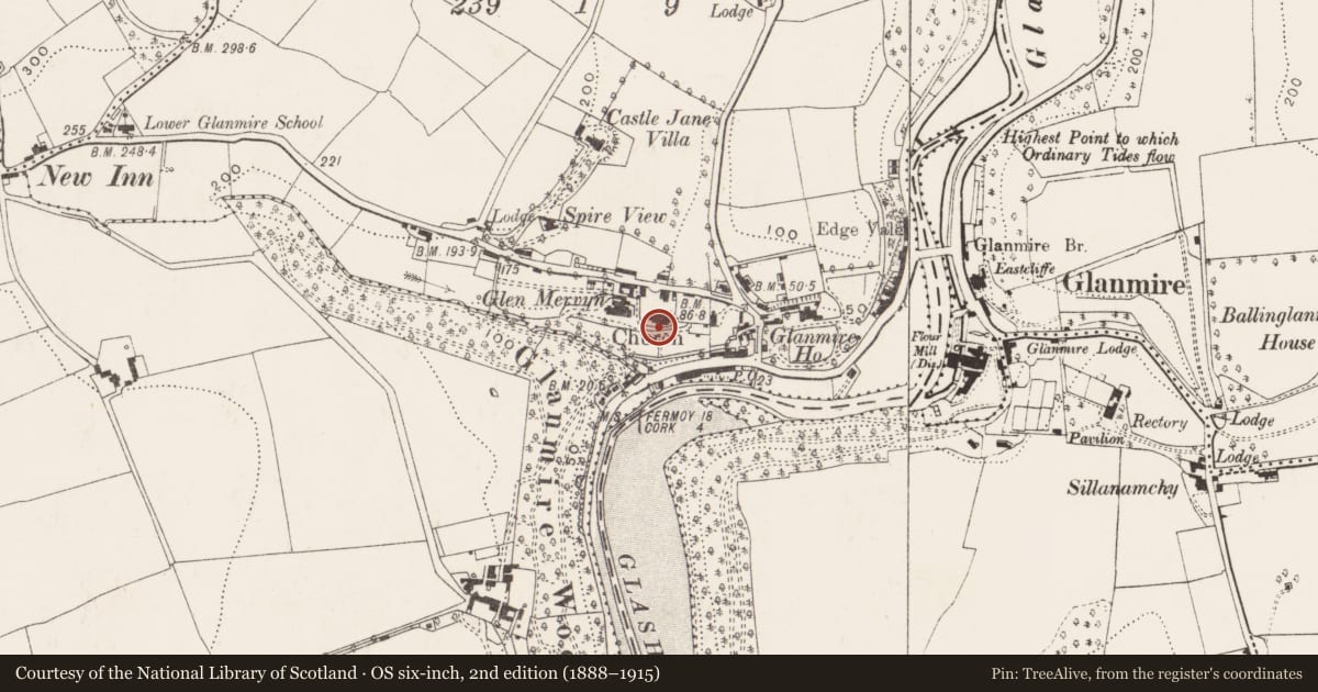 Ordnance Survey six-inch map, 2nd edition (1888–1915) covering the location of Church, Poulacurry South, County Cork, with a pin at the register's coordinates