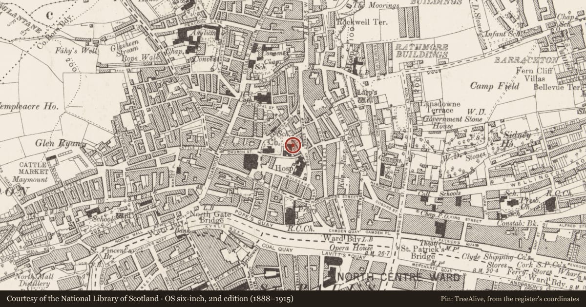 Ordnance Survey six-inch map, 2nd edition (1888–1915) covering the location of Almshouse, Cork City, County Cork, with a pin at the register's coordinates