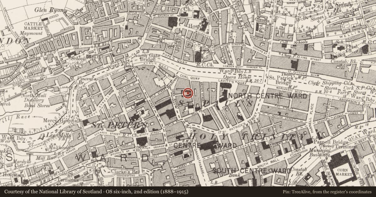 Ordnance Survey six-inch map, 2nd edition (1888–1915) covering the location of Meeting-house, Cork City, County Cork, with a pin at the register's coordinates
