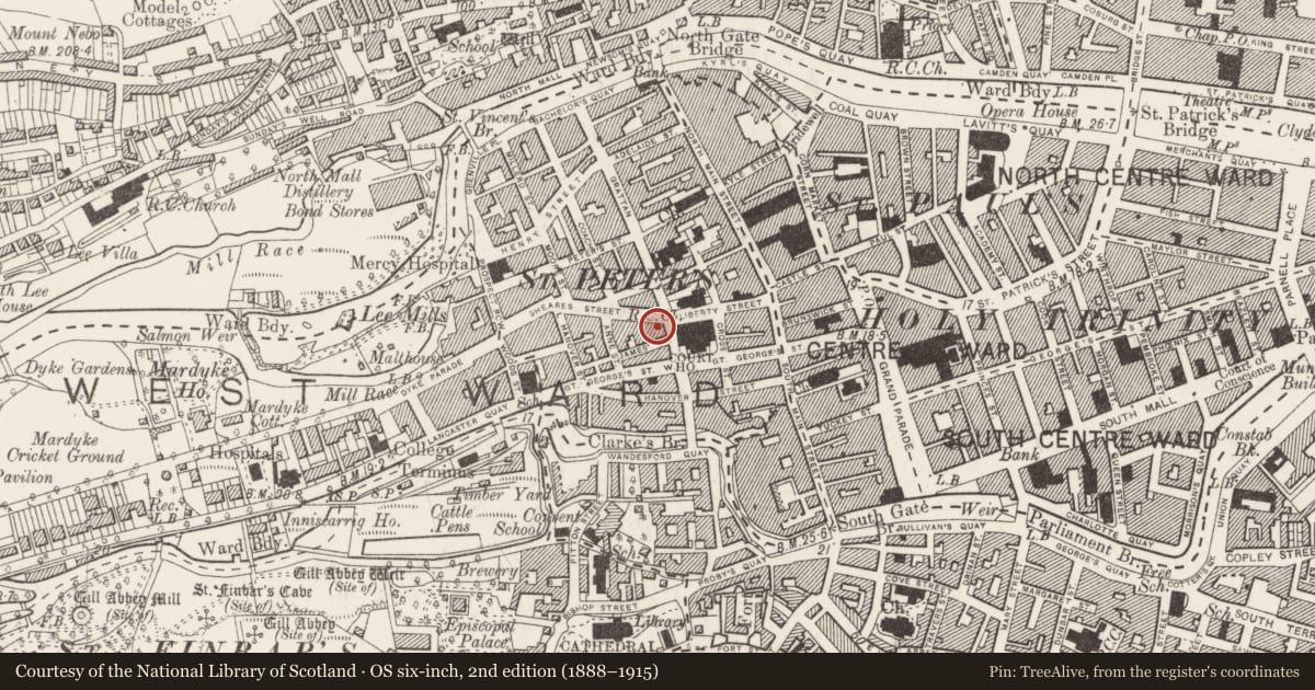 Ordnance Survey six-inch map, 2nd edition (1888–1915) covering the location of House - 18th/19th century, Cork City, County Cork, with a pin at the register's coordinates