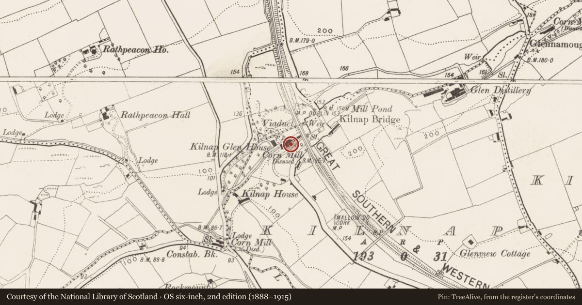 Ordnance Survey six-inch map, 2nd edition (1888–1915) covering the location of Mill - corn, Kilnap, County Cork, with a pin at the register's coordinates