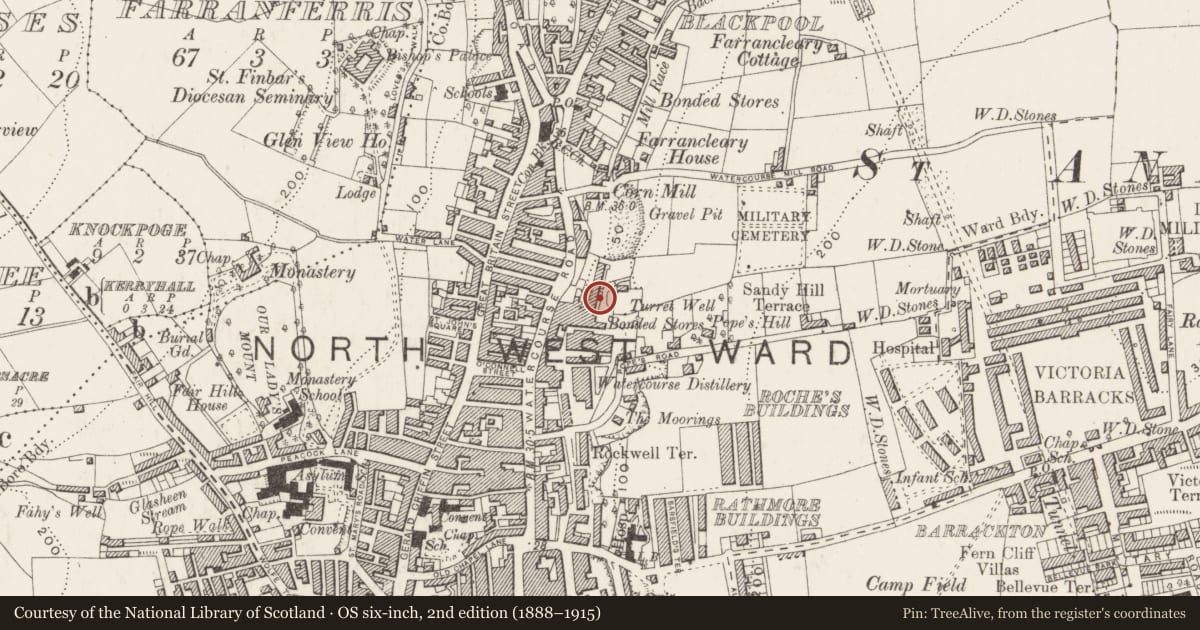 Ordnance Survey six-inch map, 2nd edition (1888–1915) covering the location of Distillery, Cork City, County Cork, with a pin at the register's coordinates