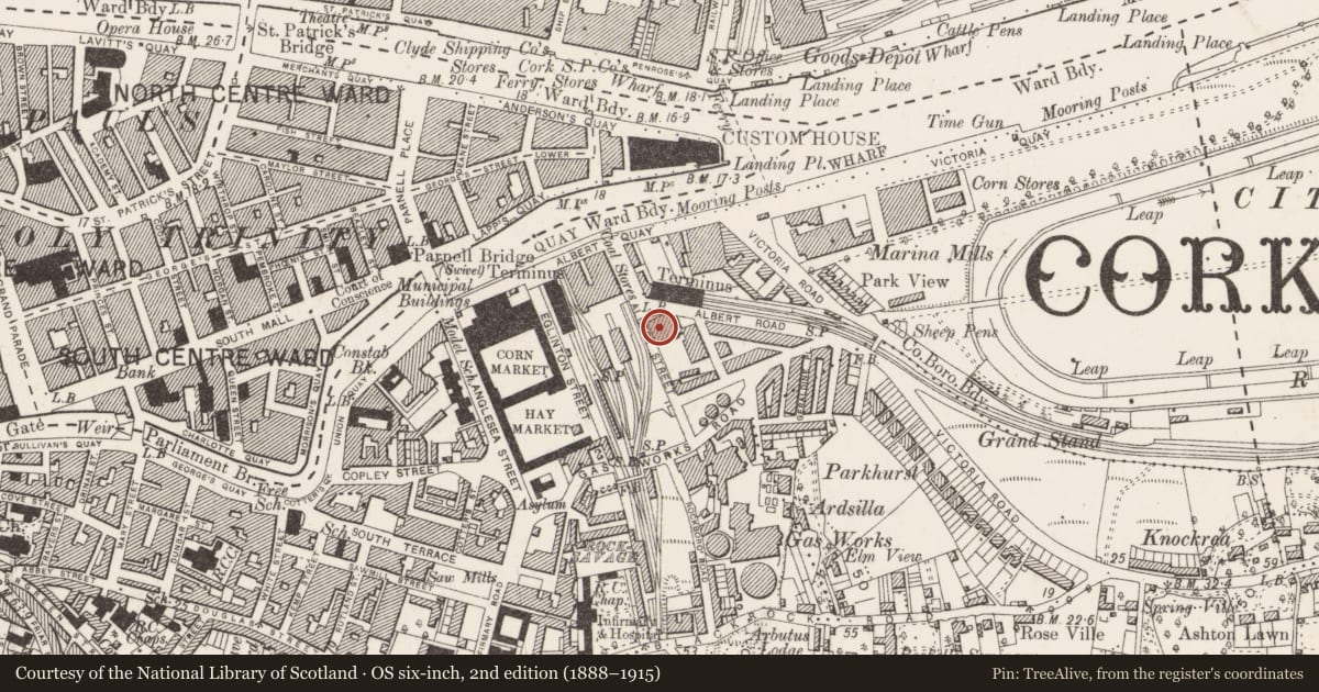 Ordnance Survey six-inch map, 2nd edition (1888–1915) covering the location of Tram depot, Cork City, County Cork, with a pin at the register's coordinates