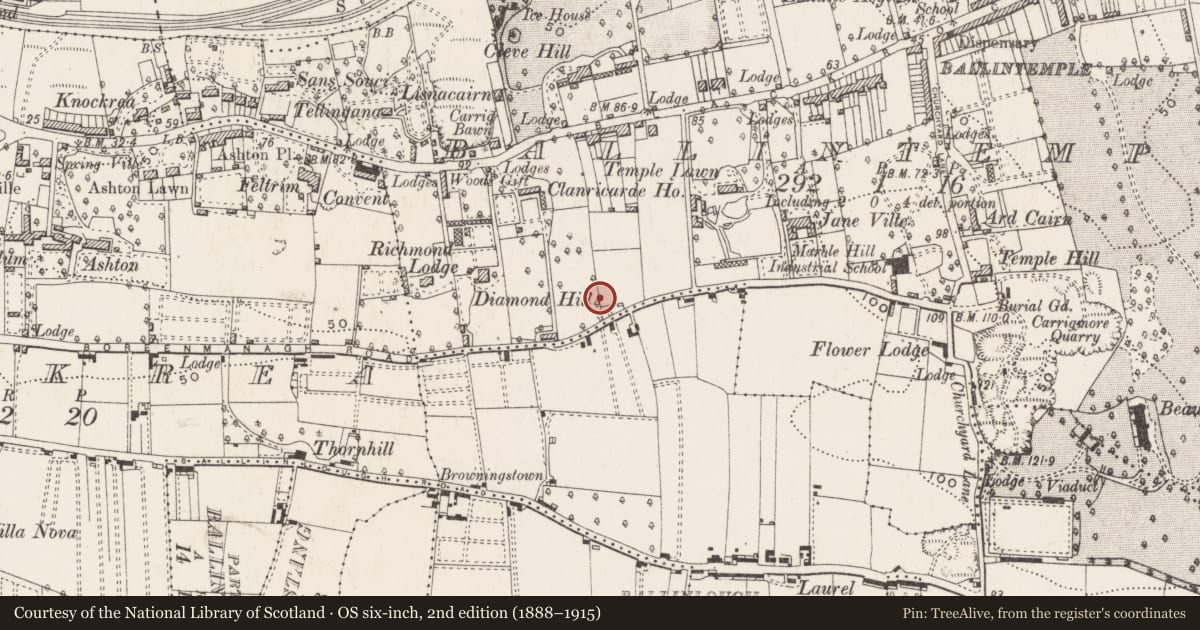 Ordnance Survey six-inch map, 2nd edition (1888–1915) covering the location of Souterrain, Ballintemple, County Cork, with a pin at the register's coordinates