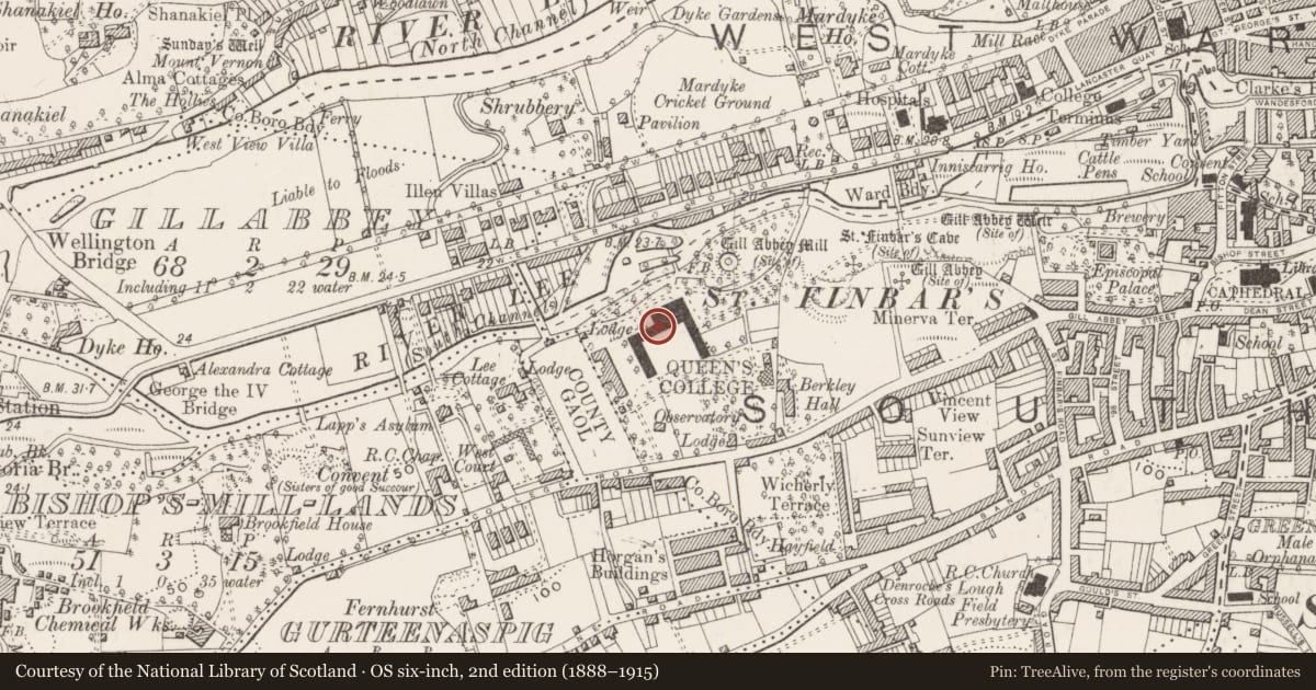 Ordnance Survey six-inch map, 2nd edition (1888–1915) covering the location of Ogham stone (present location), Cork City, County Cork, with a pin at the register's coordinates