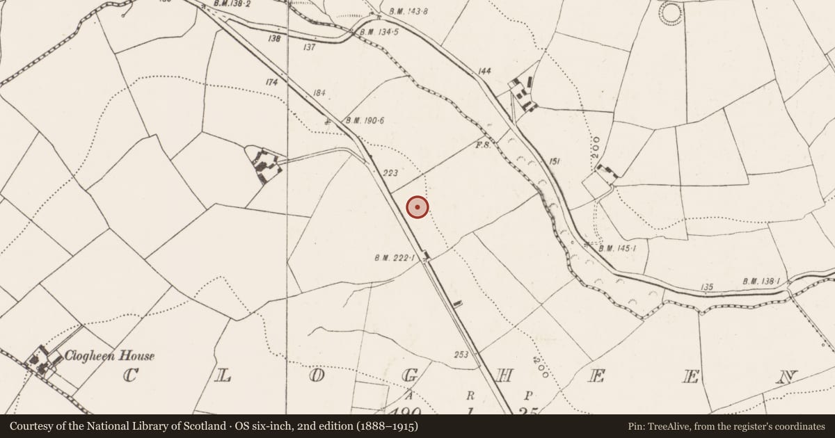 Ordnance Survey six-inch map, 2nd edition (1888–1915) covering the location of Fulacht fia, Clogheen, County Cork, with a pin at the register's coordinates