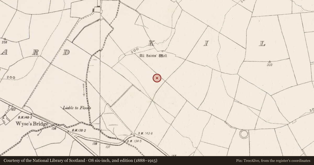 Ordnance Survey six-inch map, 2nd edition (1888–1915) covering the location of Fulacht fia, Killeens, County Cork, with a pin at the register's coordinates