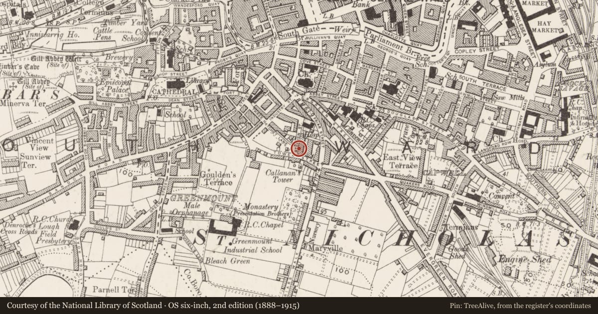 Ordnance Survey six-inch map, 2nd edition (1888–1915) covering the location of Burial (present location), Cork City, County Cork, with a pin at the register's coordinates