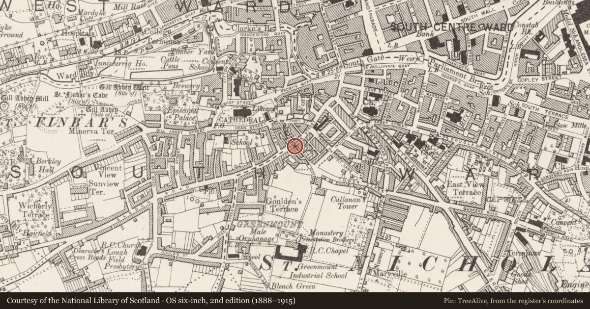 Ordnance Survey six-inch map, 2nd edition (1888–1915) covering the location of Burial, Cork City, County Cork, with a pin at the register's coordinates