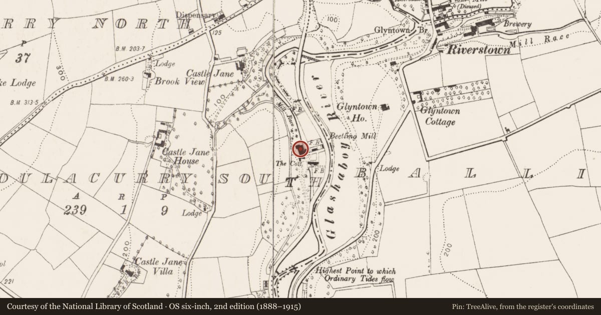 Ordnance Survey six-inch map, 2nd edition (1888–1915) covering the location of Mill - cloth, Poulacurry South, County Cork, with a pin at the register's coordinates