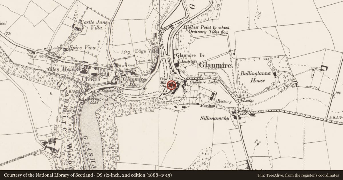 Ordnance Survey six-inch map, 2nd edition (1888–1915) covering the location of Mill - corn, Ballinglanna, County Cork, with a pin at the register's coordinates