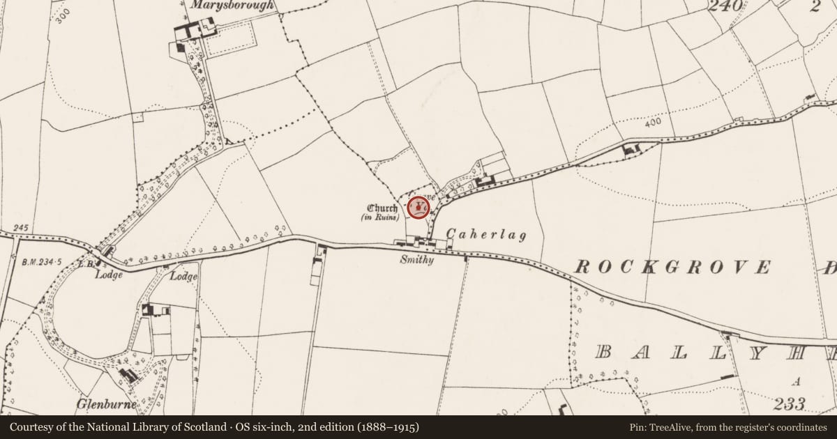 Ordnance Survey six-inch map, 2nd edition (1888–1915) covering the location of Graveyard, Kilcoolishal, County Cork, with a pin at the register's coordinates