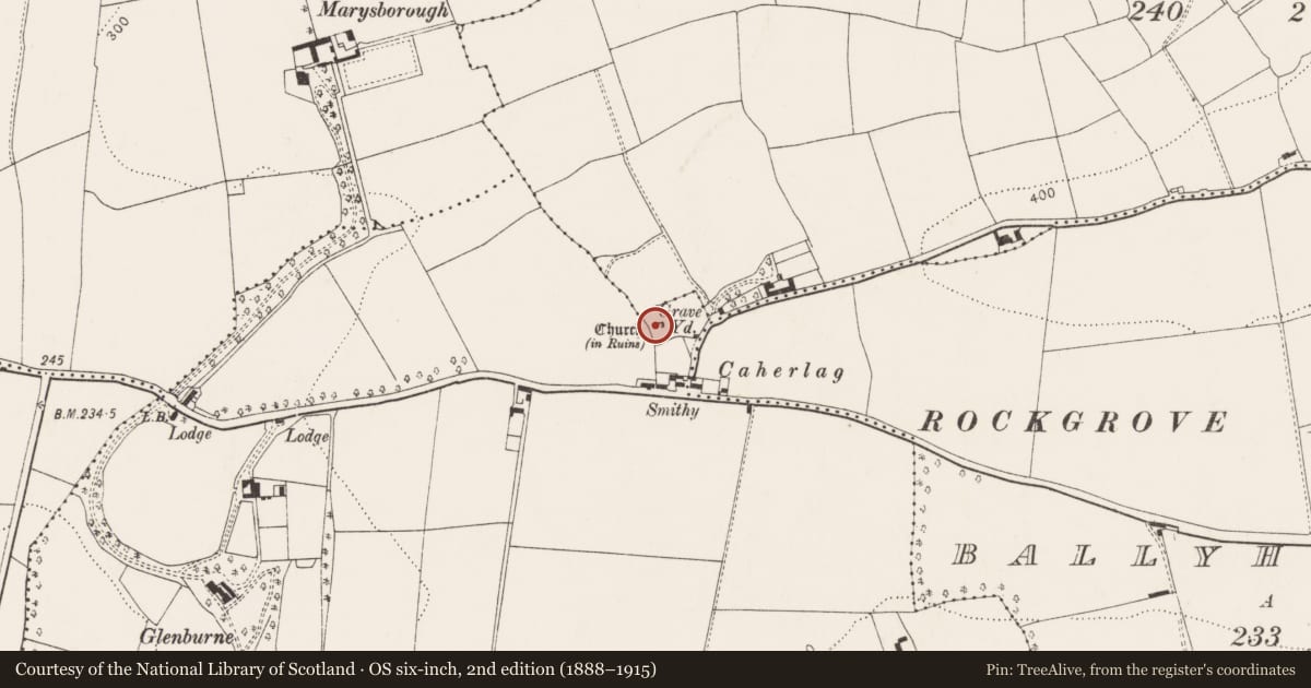 Ordnance Survey six-inch map, 2nd edition (1888–1915) covering the location of Church, Kilcoolishal, County Cork, with a pin at the register's coordinates