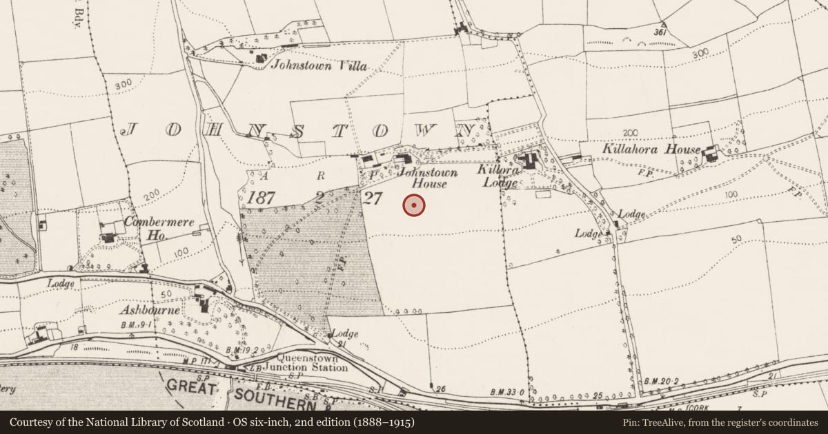Ordnance Survey six-inch map, 2nd edition (1888–1915) covering the location of Fulacht fia, Johnstown, County Cork, with a pin at the register's coordinates