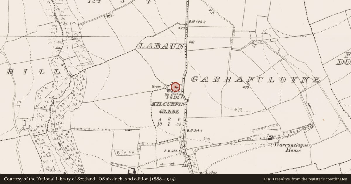 Ordnance Survey six-inch map, 2nd edition (1888–1915) covering the location of Graveyard, Kilcurfin Glebe, County Cork, with a pin at the register's coordinates