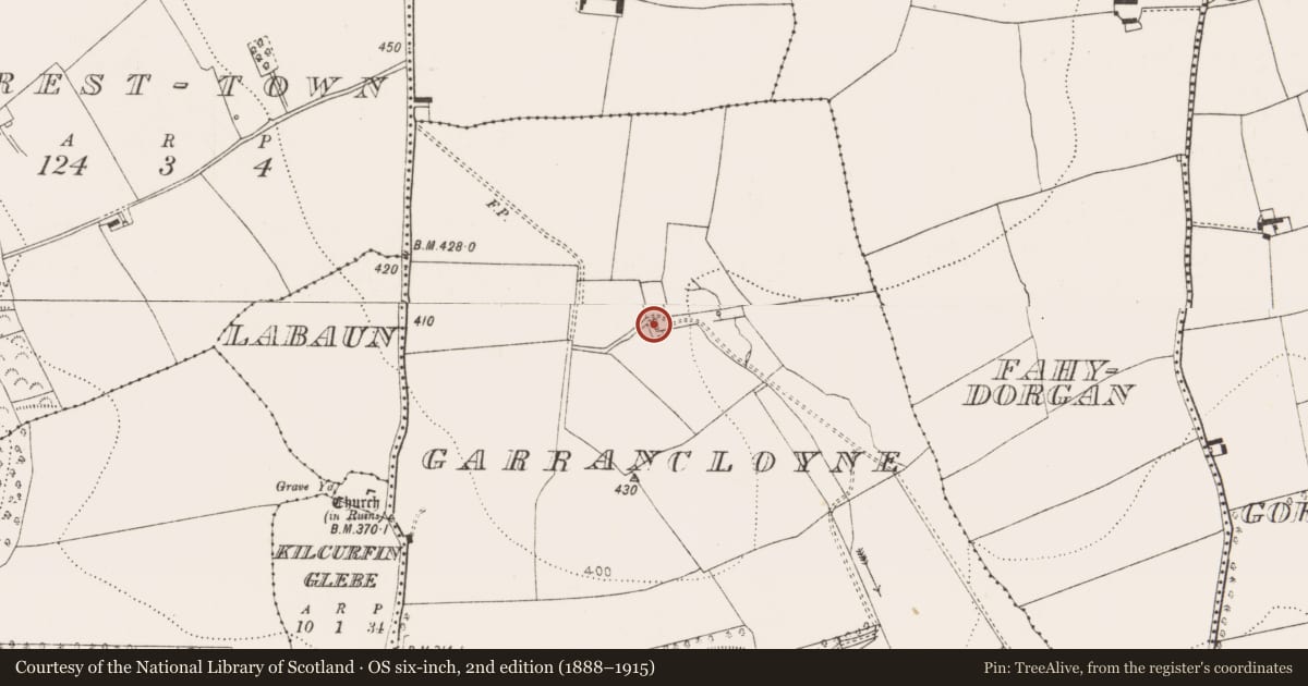Ordnance Survey six-inch map, 2nd edition (1888–1915) covering the location of Country house, Garrancloyne, County Cork, with a pin at the register's coordinates