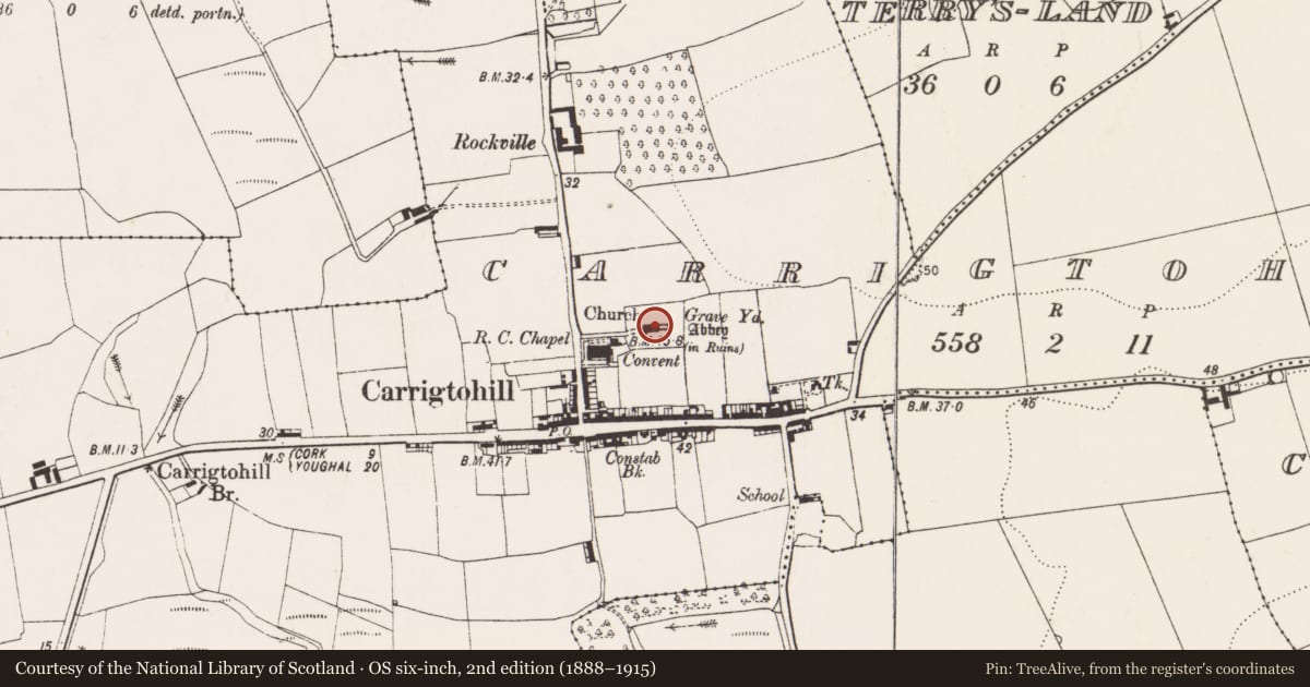Ordnance Survey six-inch map, 2nd edition (1888–1915) covering the location of Graveyard, Carrigtohill, County Cork, with a pin at the register's coordinates