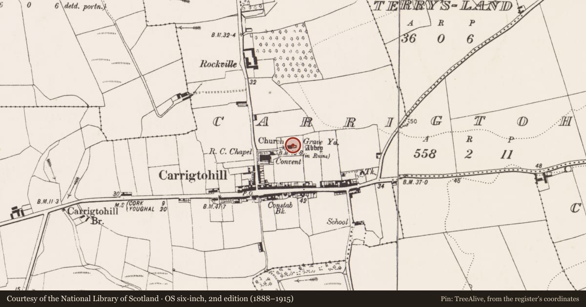 Ordnance Survey six-inch map, 2nd edition (1888–1915) covering the location of Church, Carrigtohill, County Cork, with a pin at the register's coordinates