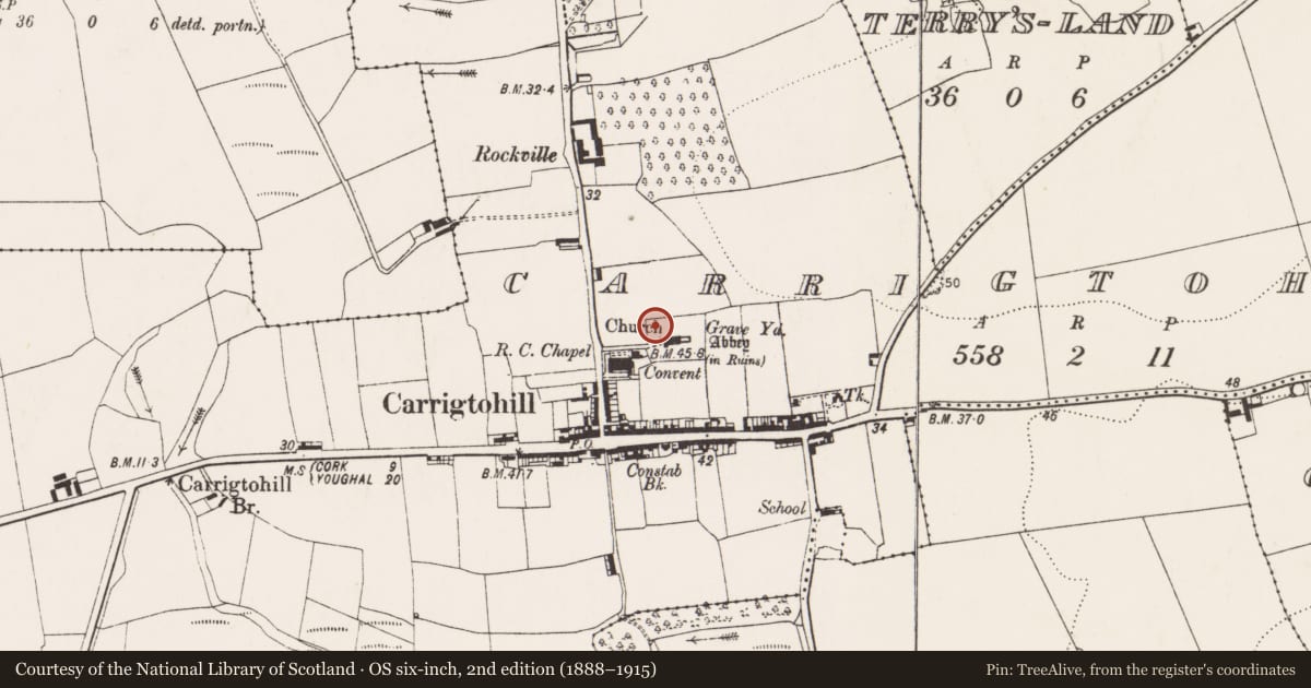 Ordnance Survey six-inch map, 2nd edition (1888–1915) covering the location of Church, Carrigtohill, County Cork, with a pin at the register's coordinates