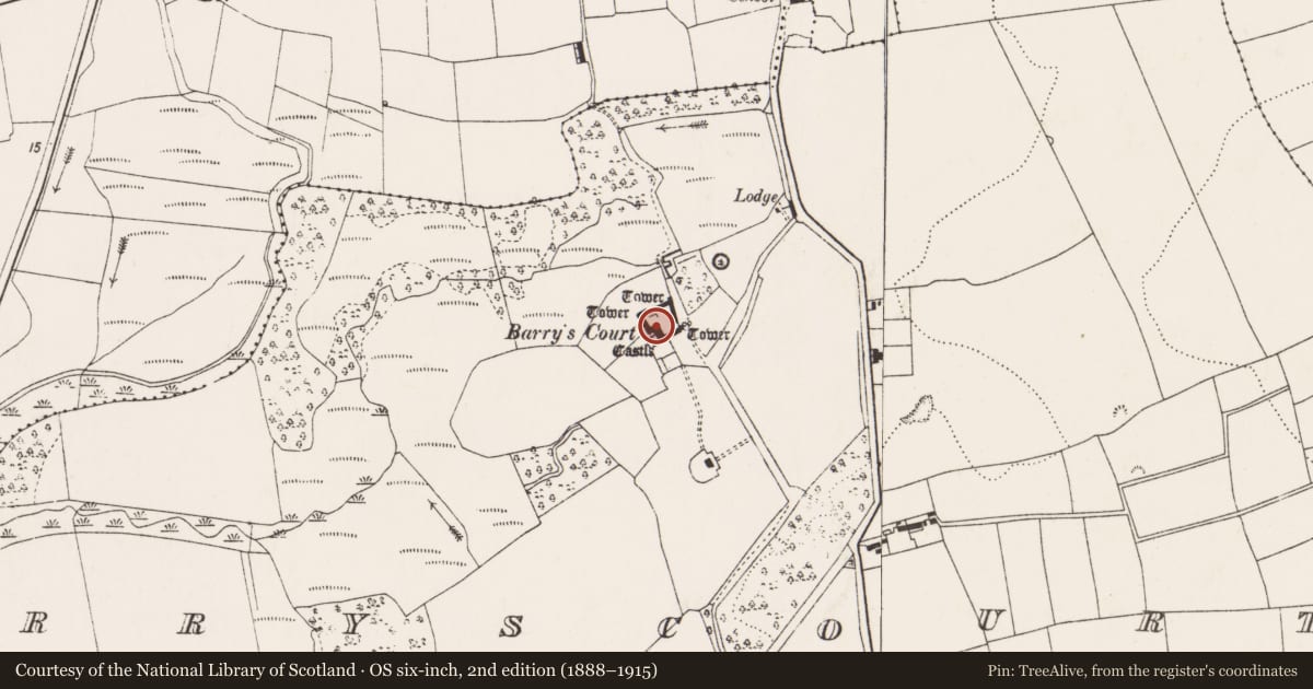 Ordnance Survey six-inch map, 2nd edition (1888–1915) covering the location of Castle - tower house, Barryscourt, County Cork, with a pin at the register's coordinates