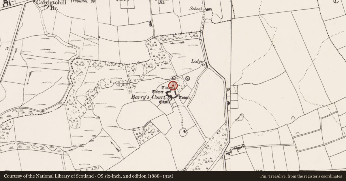 Ordnance Survey six-inch map, 2nd edition (1888–1915) covering the location of Fulacht fia, Barryscourt, County Cork, with a pin at the register's coordinates