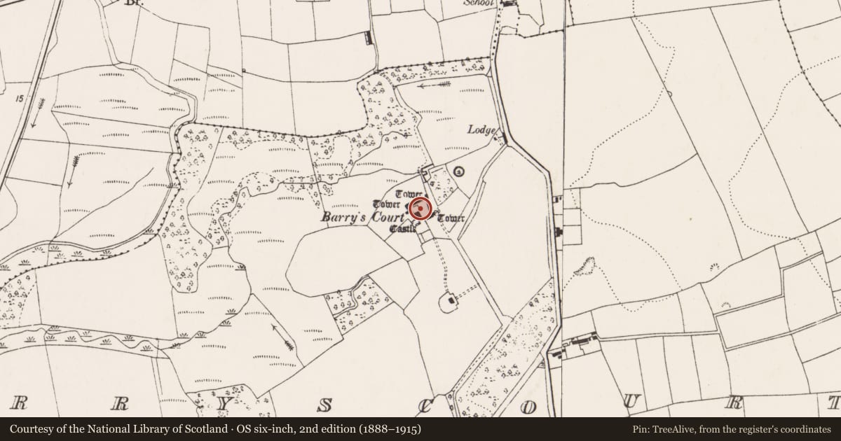 Ordnance Survey six-inch map, 2nd edition (1888–1915) covering the location of Bawn, Barryscourt, County Cork, with a pin at the register's coordinates