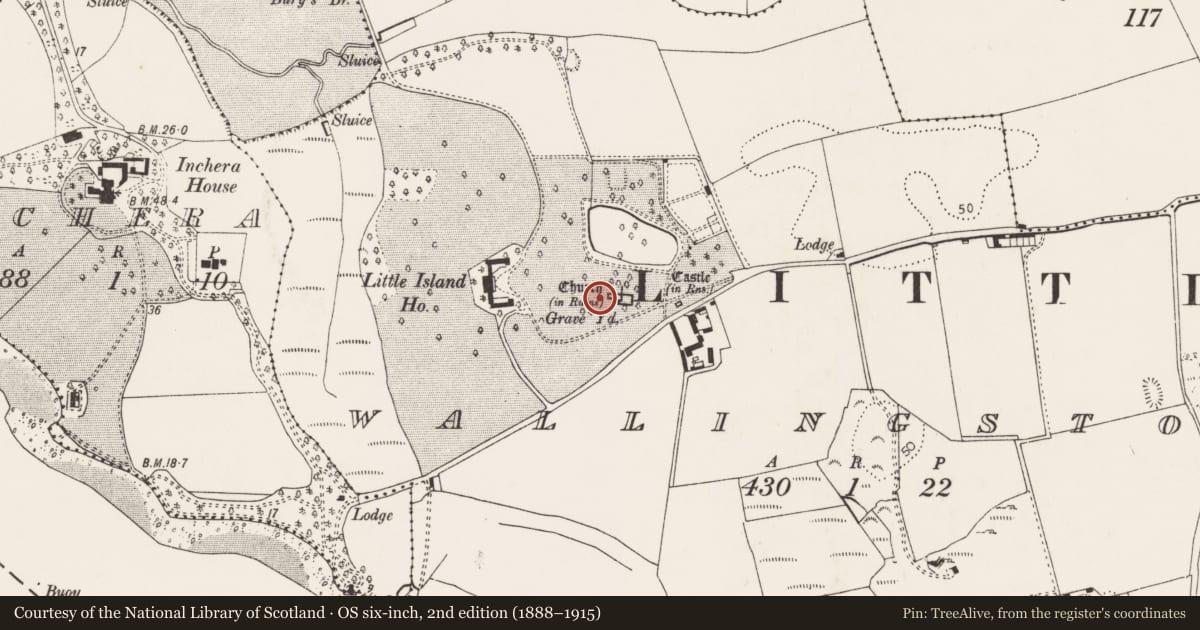Ordnance Survey six-inch map, 2nd edition (1888–1915) covering the location of Graveyard, Wallingstown, County Cork, with a pin at the register's coordinates