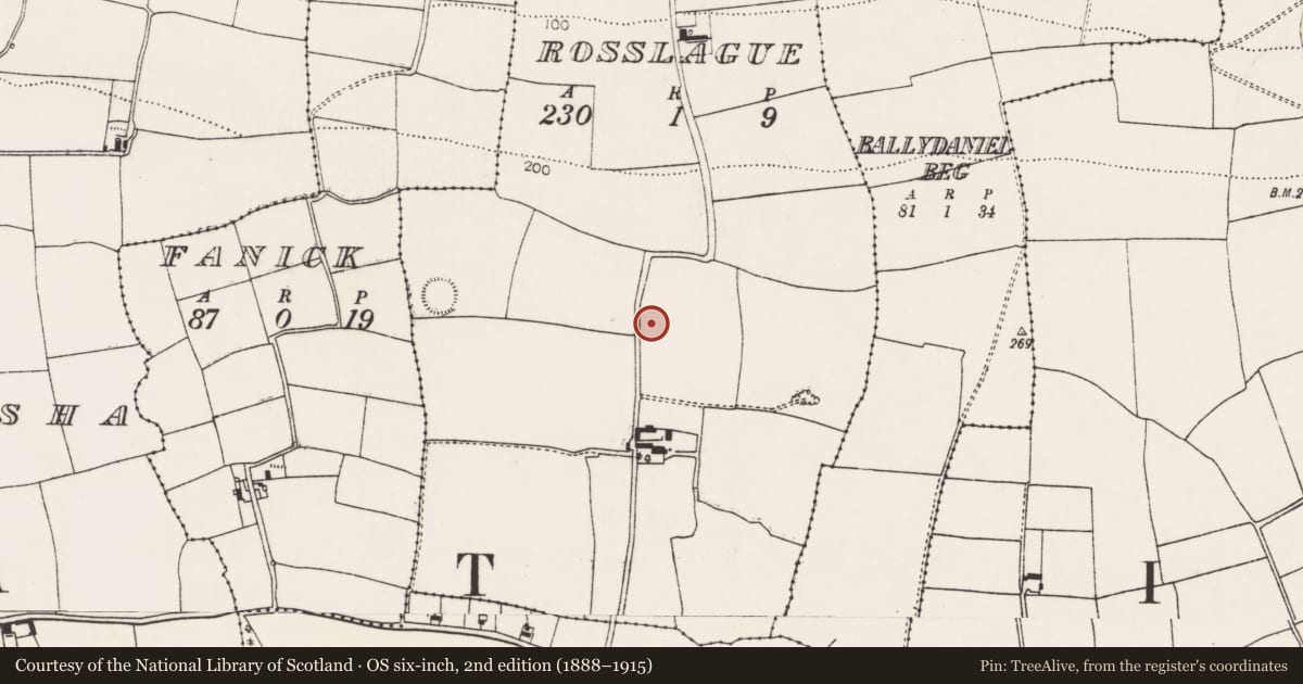 Ordnance Survey six-inch map, 2nd edition (1888–1915) covering the location of Enclosure, Rosslague, County Cork, with a pin at the register's coordinates