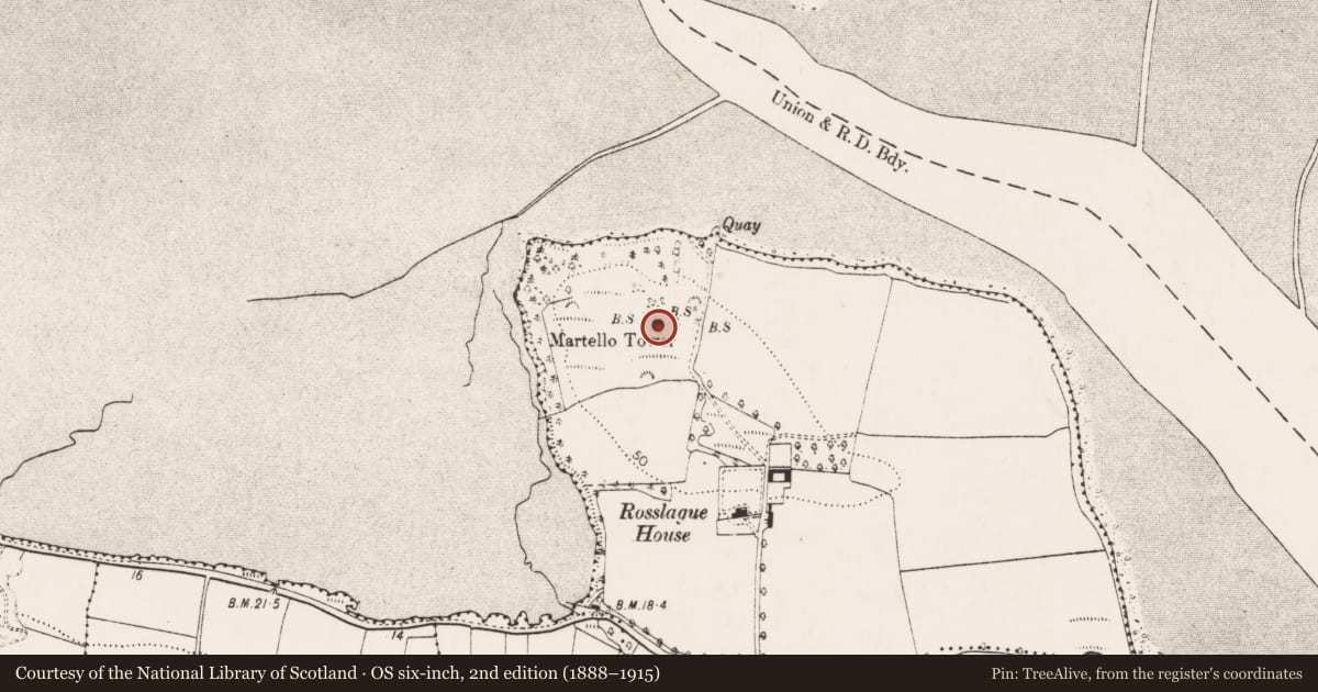Ordnance Survey six-inch map, 2nd edition (1888–1915) covering the location of Martello tower, Rosslague, County Cork, with a pin at the register's coordinates