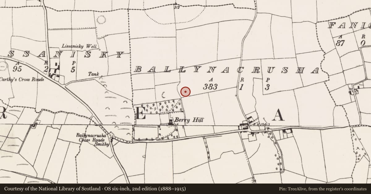 Ordnance Survey six-inch map, 2nd edition (1888–1915) covering the location of Ringfort - rath, Ballynacrusha, County Cork, with a pin at the register's coordinates