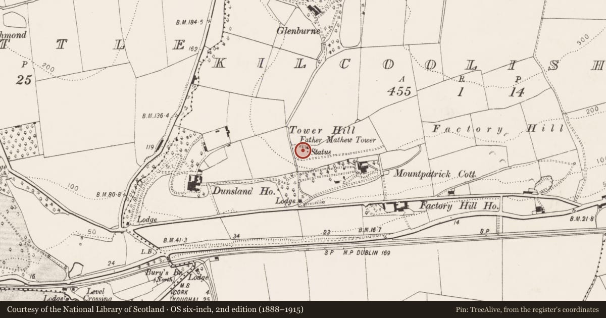 Ordnance Survey six-inch map, 2nd edition (1888–1915) covering the location of Designed landscape - belvedere, Kilcoolishal, County Cork, with a pin at the register's coordinates
