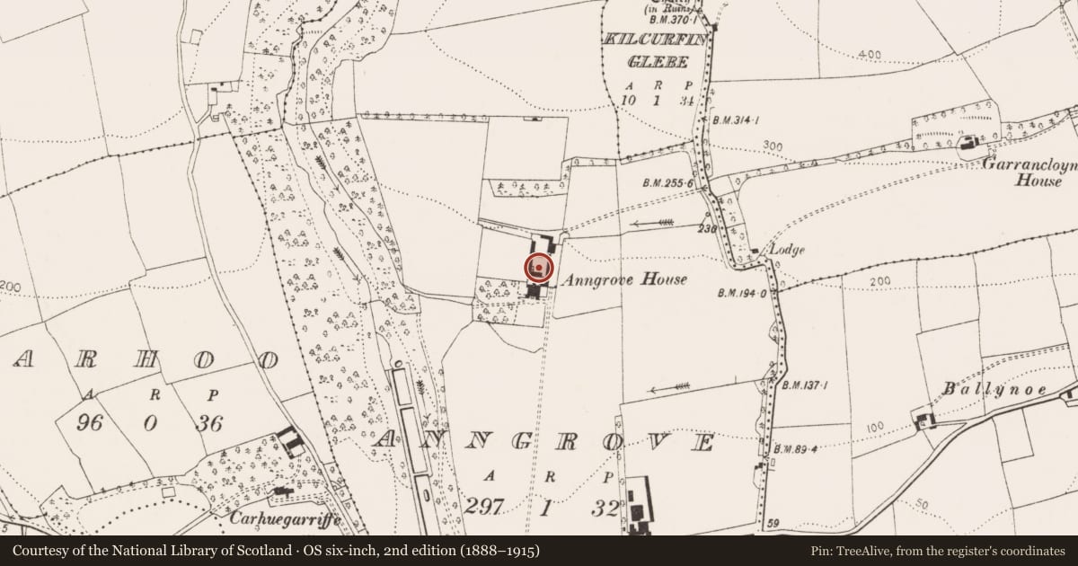 Ordnance Survey six-inch map, 2nd edition (1888–1915) covering the location of Country house, Anngrove, County Cork, with a pin at the register's coordinates