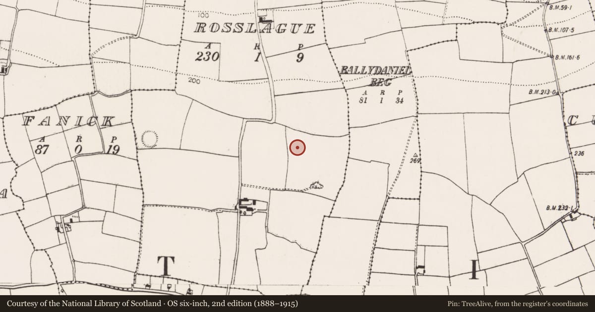 Ordnance Survey six-inch map, 2nd edition (1888–1915) covering the location of Enclosure, Rosslague, County Cork, with a pin at the register's coordinates