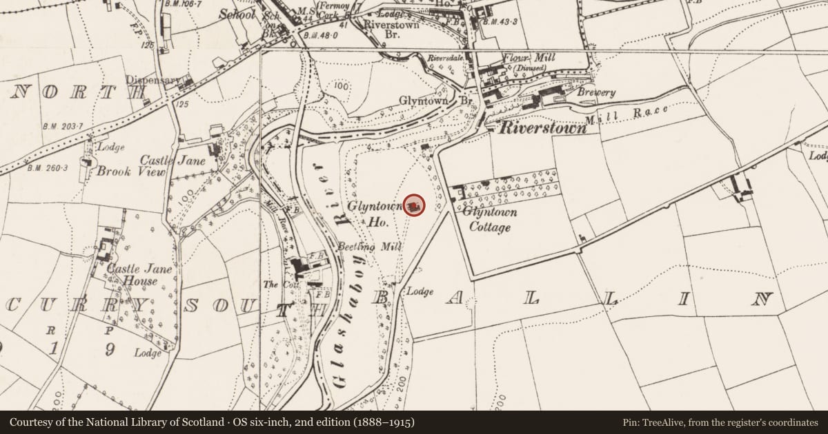 Ordnance Survey six-inch map, 2nd edition (1888–1915) covering the location of Coach house, Ballinglanna, County Cork, with a pin at the register's coordinates