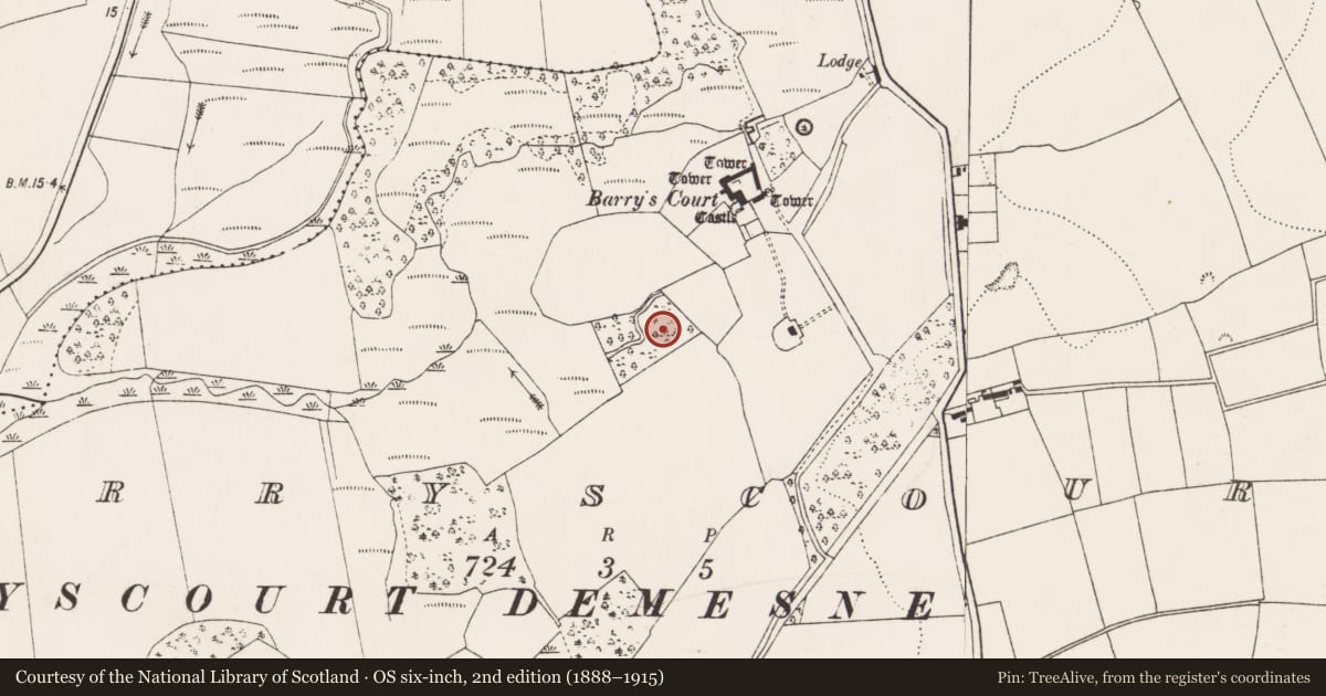 Ordnance Survey six-inch map, 2nd edition (1888–1915) covering the location of Fulacht fia, Barryscourt, County Cork, with a pin at the register's coordinates