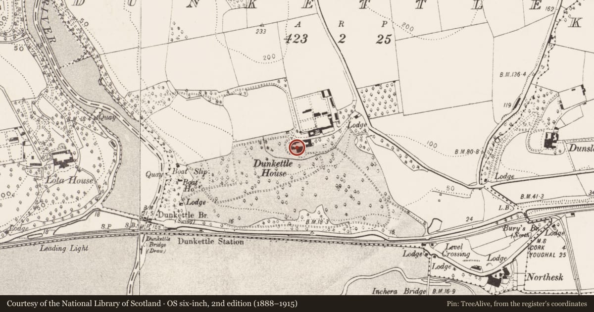 Ordnance Survey six-inch map, 2nd edition (1888–1915) covering the location of Country house, Dunkettle, County Cork, with a pin at the register's coordinates