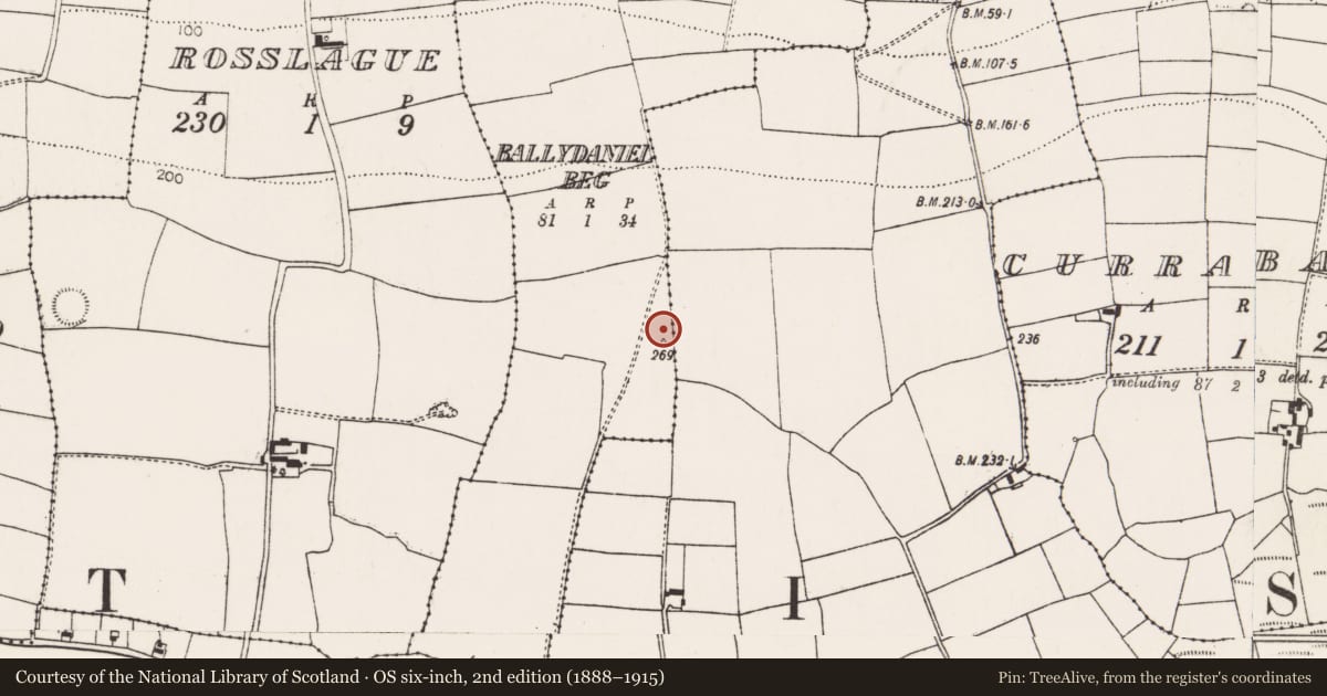 Ordnance Survey six-inch map, 2nd edition (1888–1915) covering the location of Enclosure, Ballydaniel Beg, County Cork, with a pin at the register's coordinates
