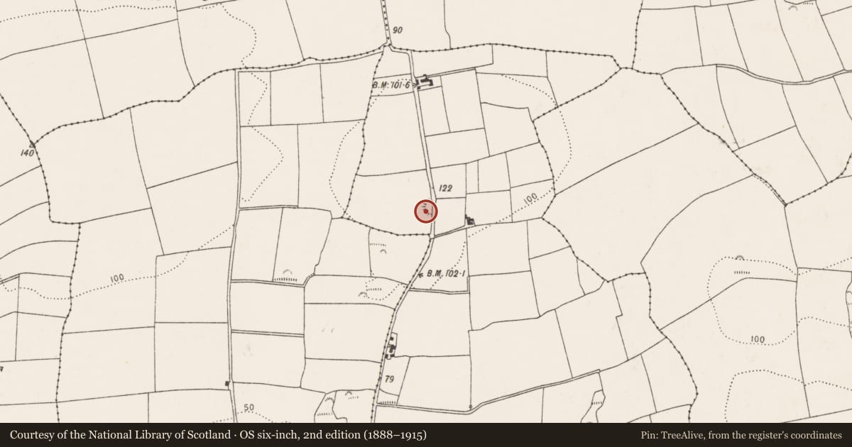 Ordnance Survey six-inch map, 2nd edition (1888–1915) covering the location of Ringfort - rath, Ballintubbrid East, County Cork, with a pin at the register's coordinates