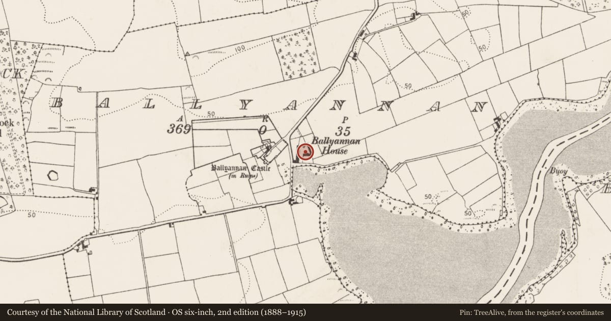 Ordnance Survey six-inch map, 2nd edition (1888–1915) covering the location of Country house, Ballyannan, County Cork, with a pin at the register's coordinates