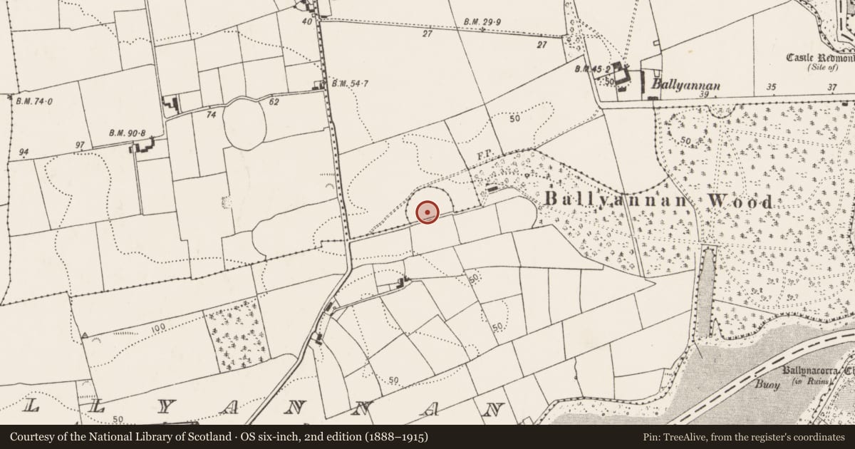 Ordnance Survey six-inch map, 2nd edition (1888–1915) covering the location of Enclosure, Ballyannan, Garryduff, County Cork, with a pin at the register's coordinates