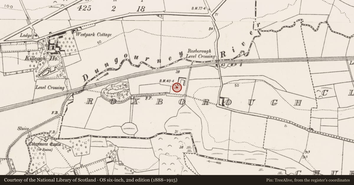 Ordnance Survey six-inch map, 2nd edition (1888–1915) covering the location of Country house, Roxborough, County Cork, with a pin at the register's coordinates