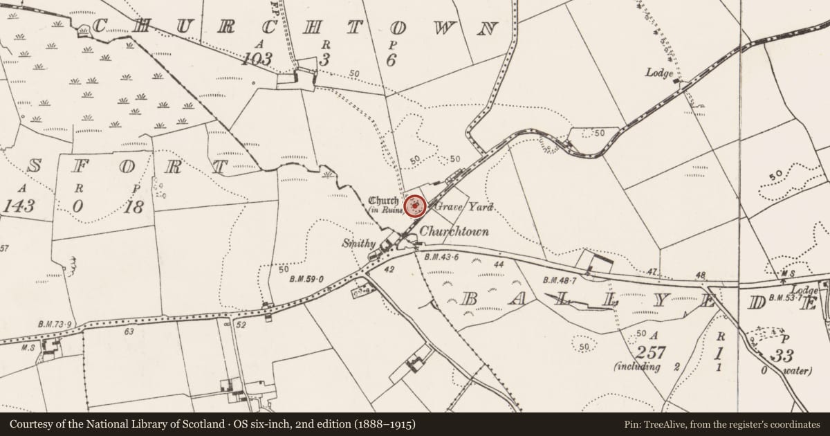 Ordnance Survey six-inch map, 2nd edition (1888–1915) covering the location of Church, Churchtown, County Cork, with a pin at the register's coordinates
