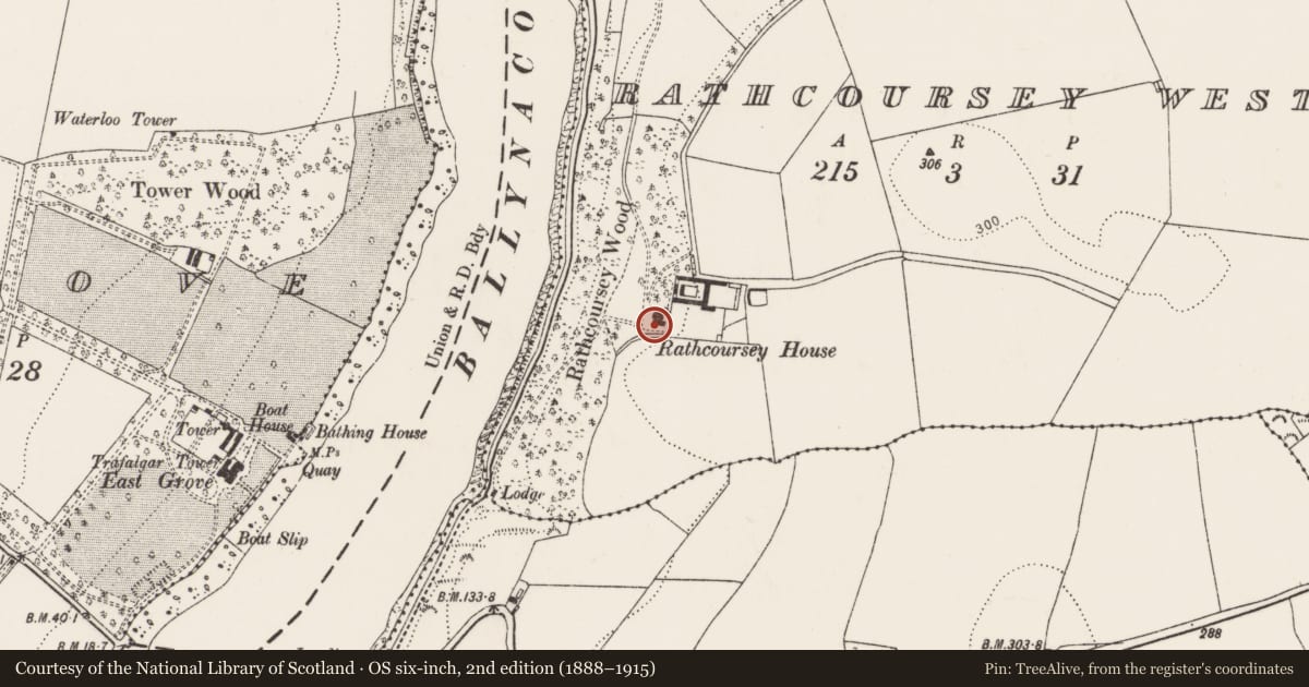 Ordnance Survey six-inch map, 2nd edition (1888–1915) covering the location of Country house, Rathcoursey West, County Cork, with a pin at the register's coordinates